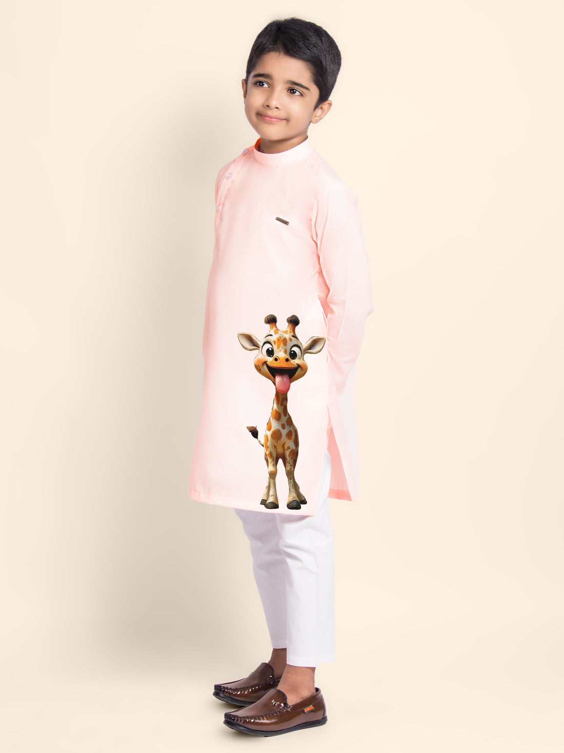 Boys Pink Cotton Kurta Pyjama with Print