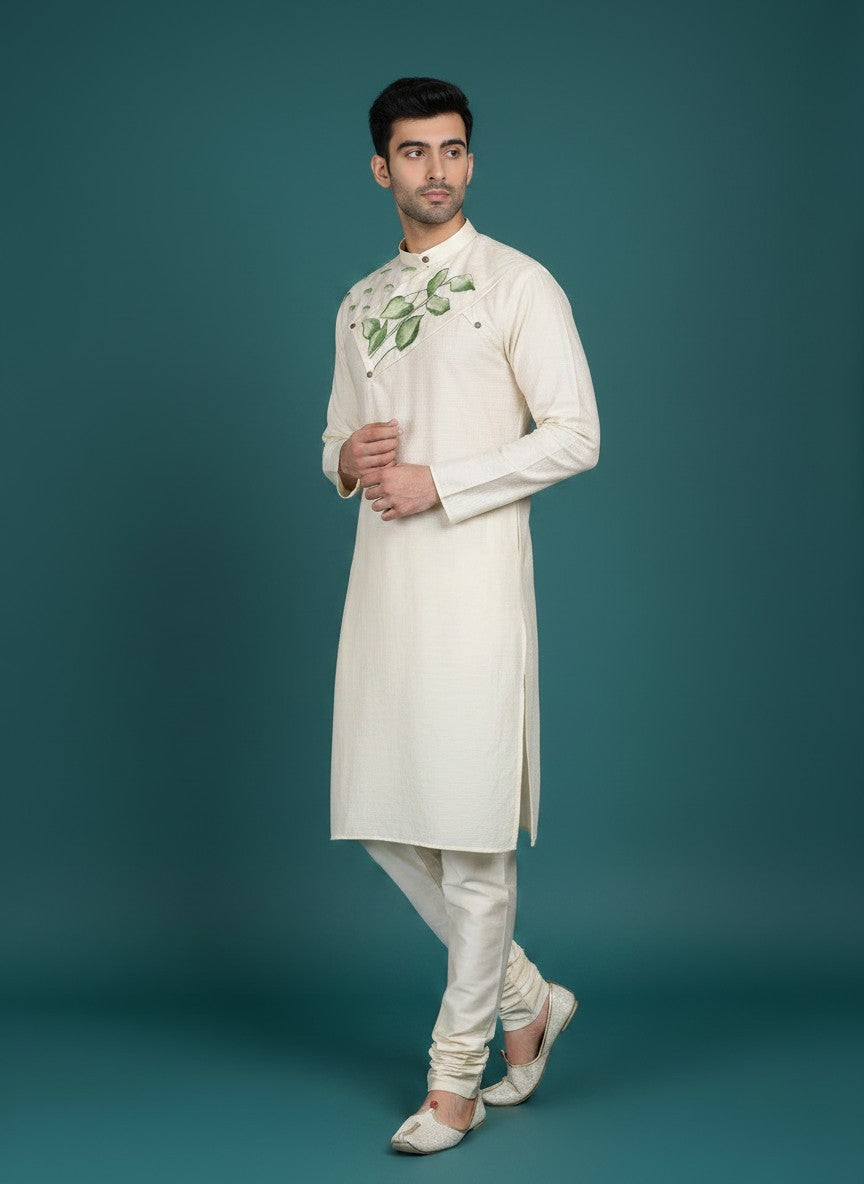 Men's Beige Pure Silk Kurta Set – Ethnic Print & Side Placket