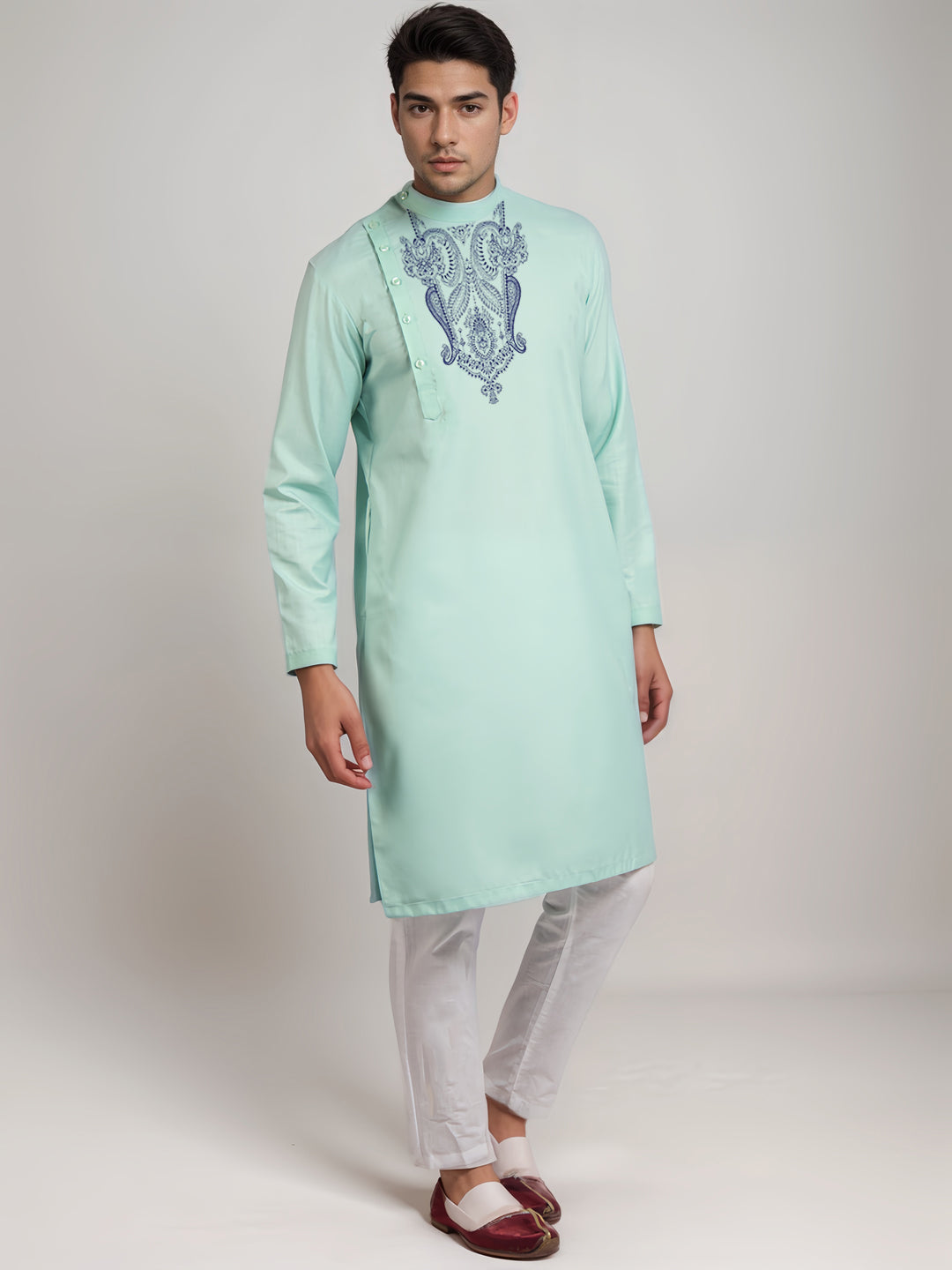 [MGSP-B] Men's Green Ethnic Print Side Placket Cotton Kurta Set