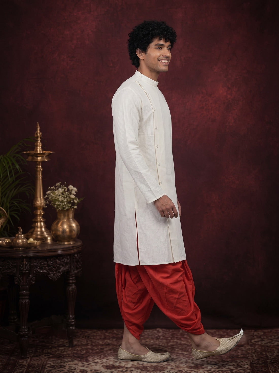 Men's White Cotton Kurta with Dhoti Set –Solid & Side Placket