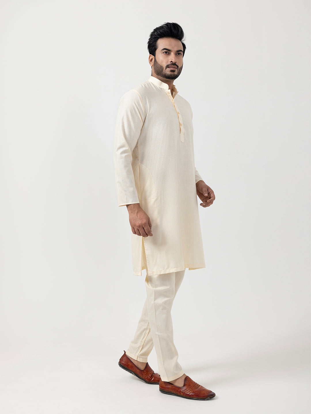 [MG] Men's Beige Solid Cotton Kurta Set