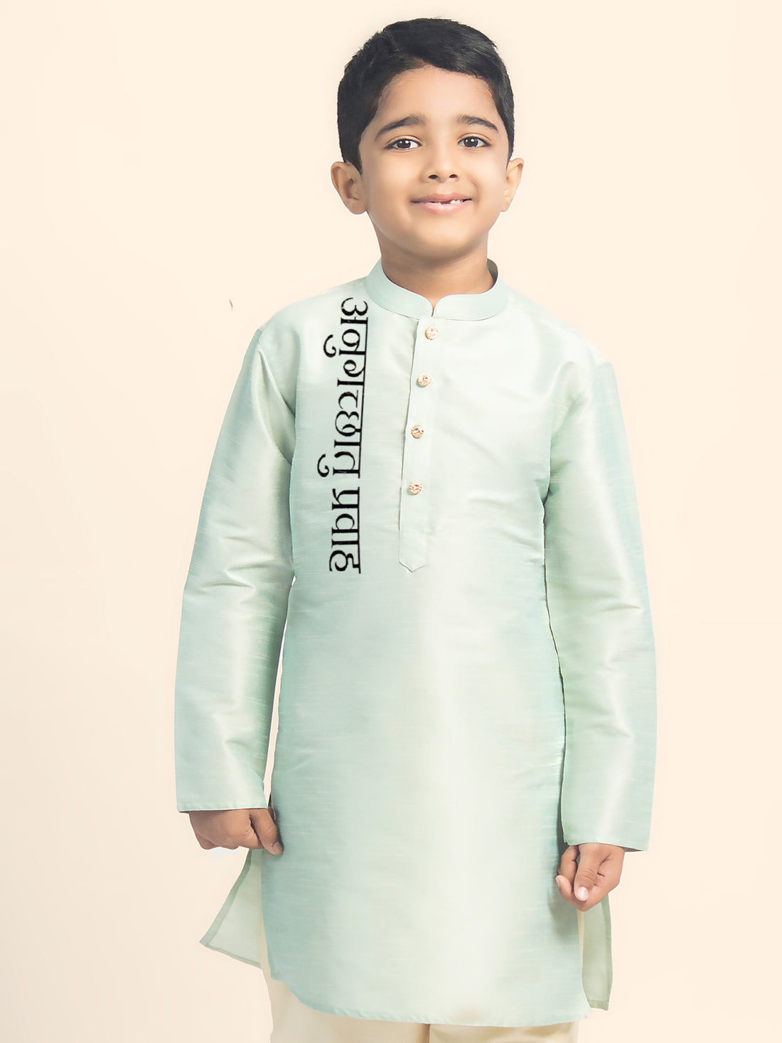 Boys Green Printed Kurta with Beige Pyjama Set