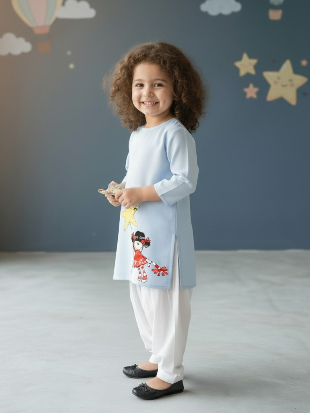 [DGKS-MGSP-RN] Girls Sky Blue Ethnic Motifs Printed Cotton Kurti Set