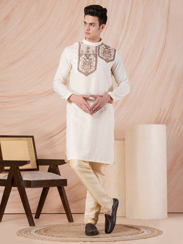 Mens Beige Side Placket Printed Kurta With Pyjama Set