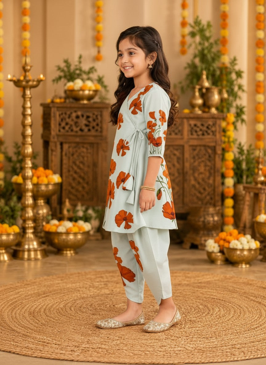 Girls' See Green Cotton Kurti with Tulip pant Set – Printed