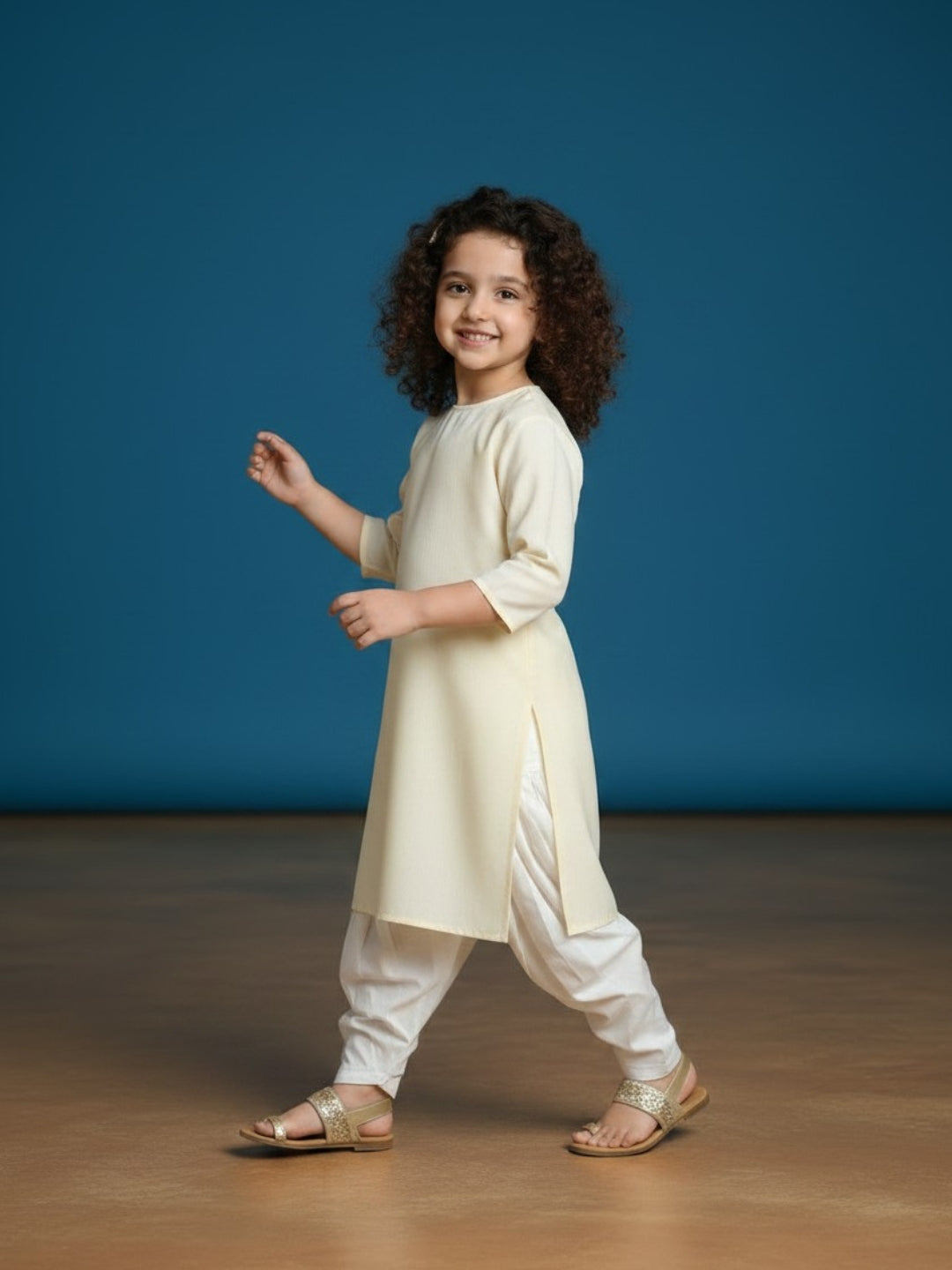 [DGKS-MG-RN] Girls Beige Solid Cotton Kurti Set