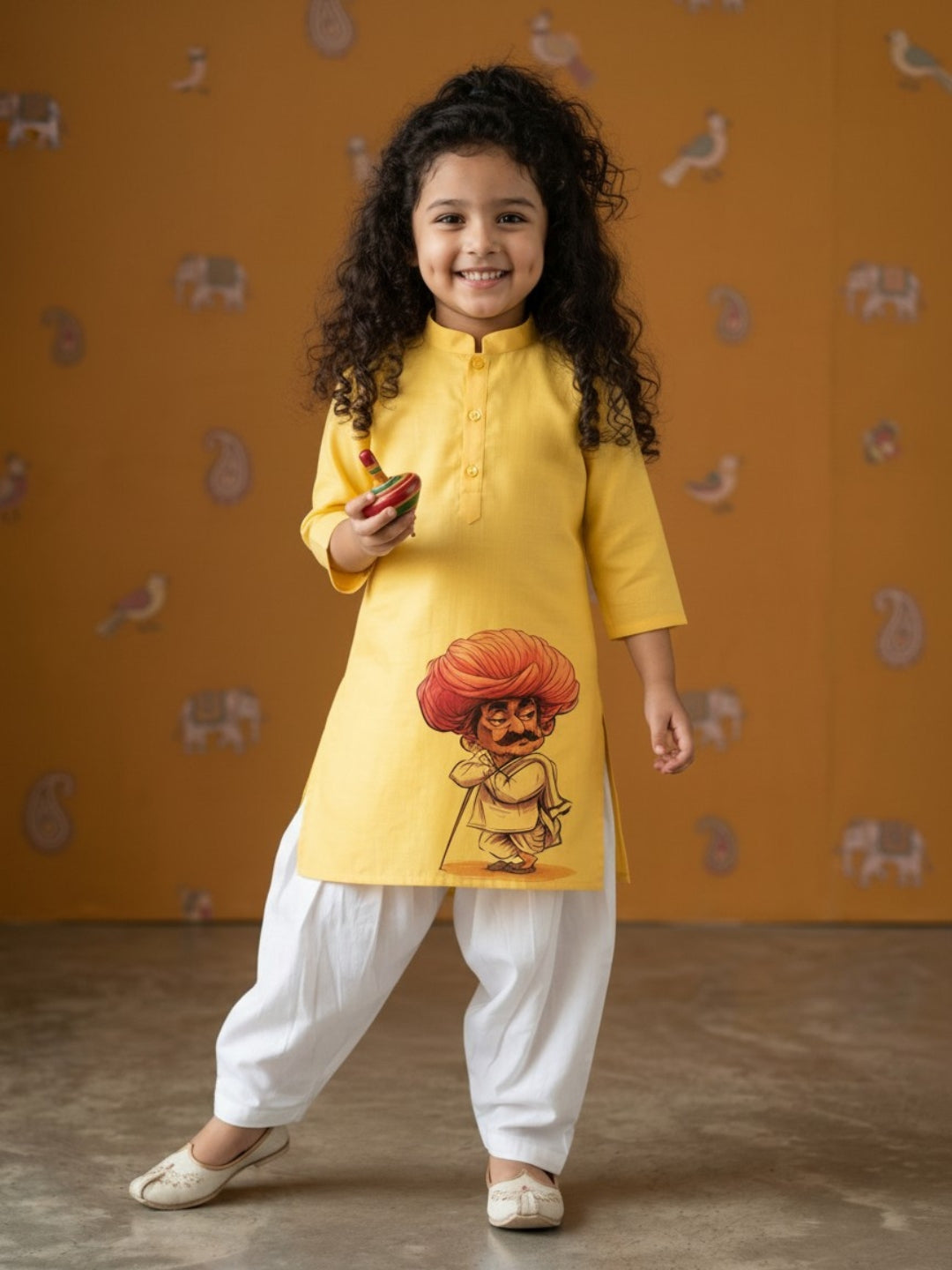 Girls' Yellow Cotton Kurti Set – Ethnic Print