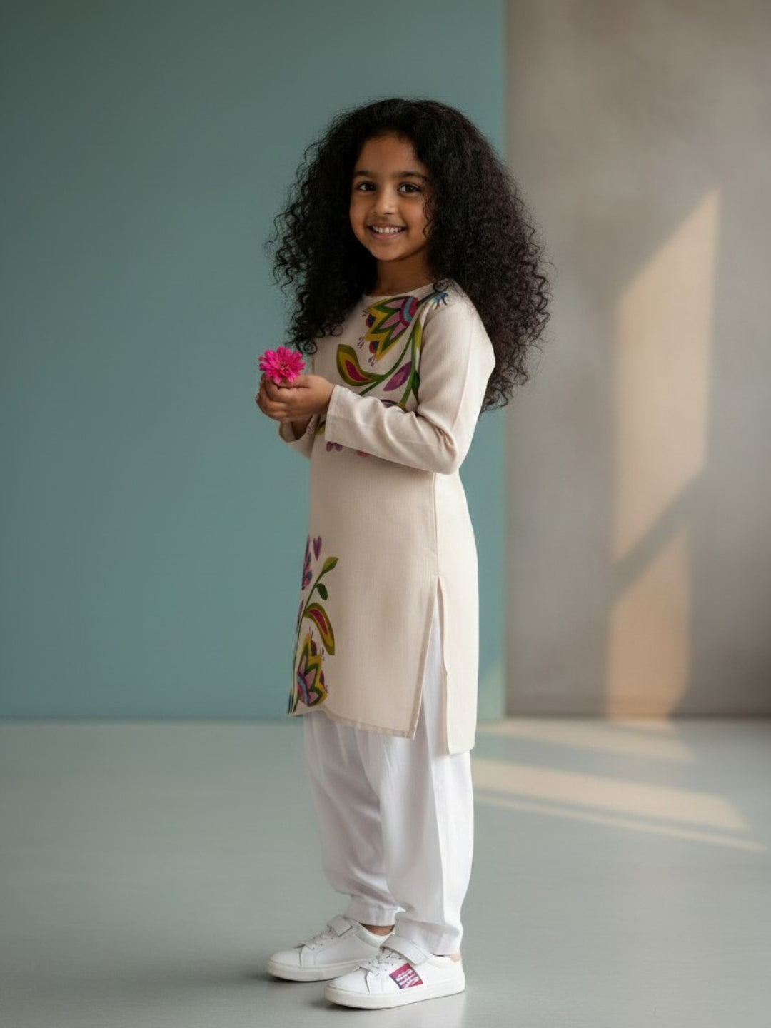 [DGKS-MGSP-RN] Girls Beige Ethnic Motifs Printed Cotton Kurti Set