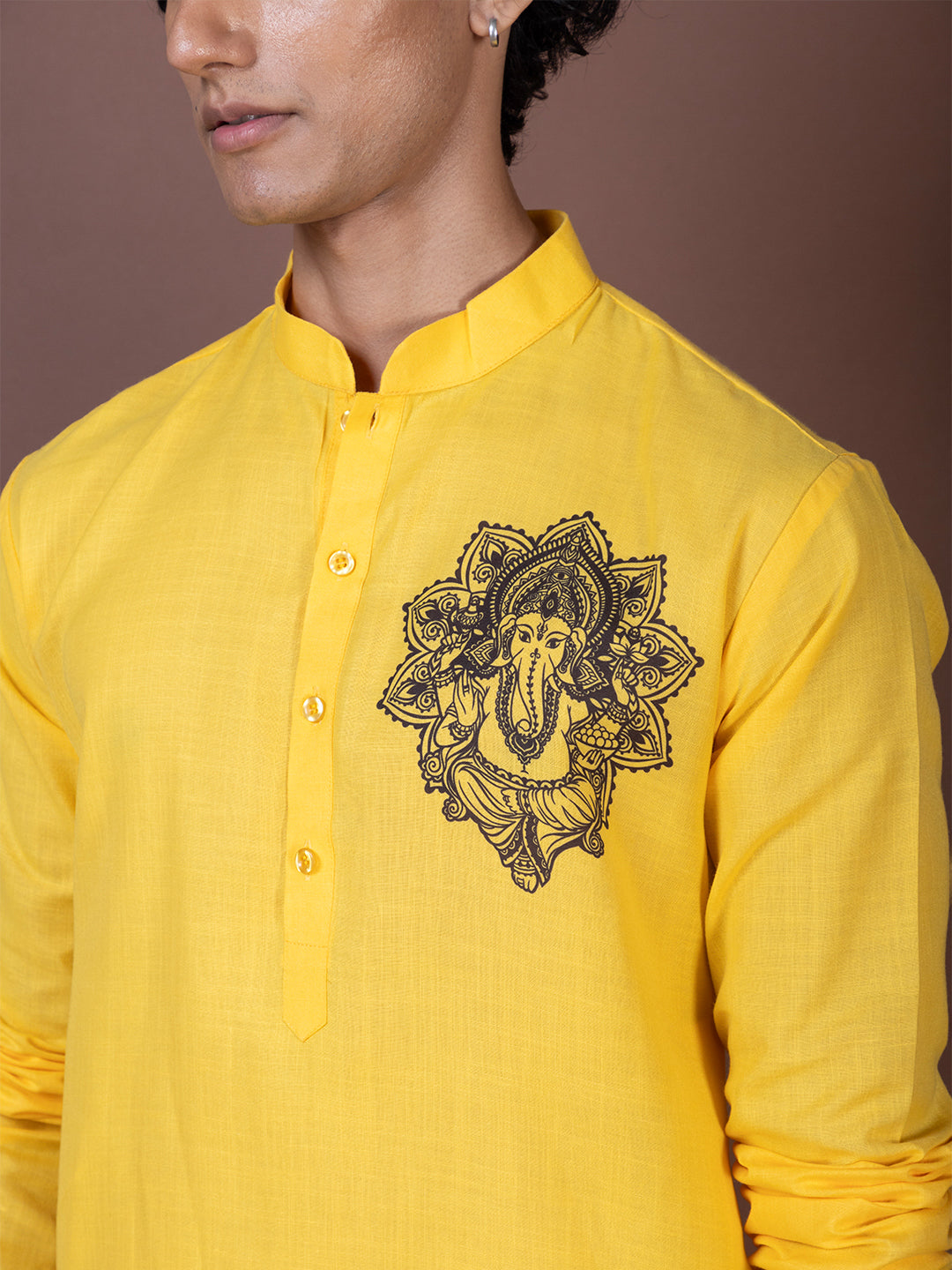 Mens Yellow Printed Kurta Pyjama Set