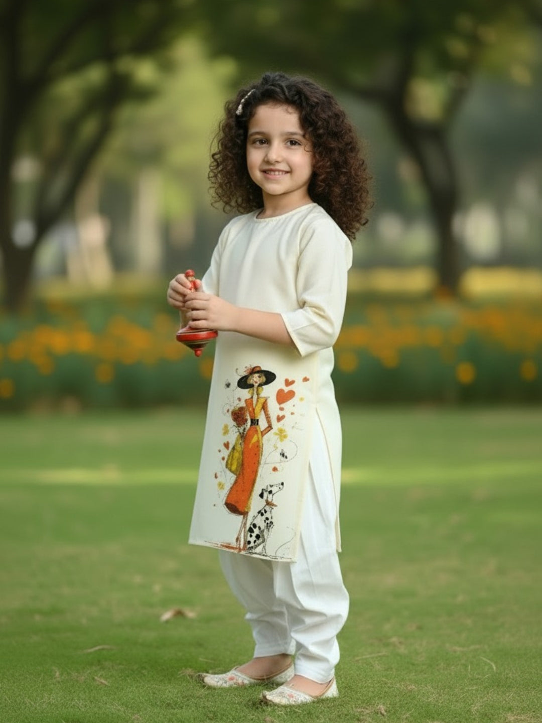 [DGKS-MGSP-RN] Girls Beige Ethnic Motifs Printed Cotton Kurti Set