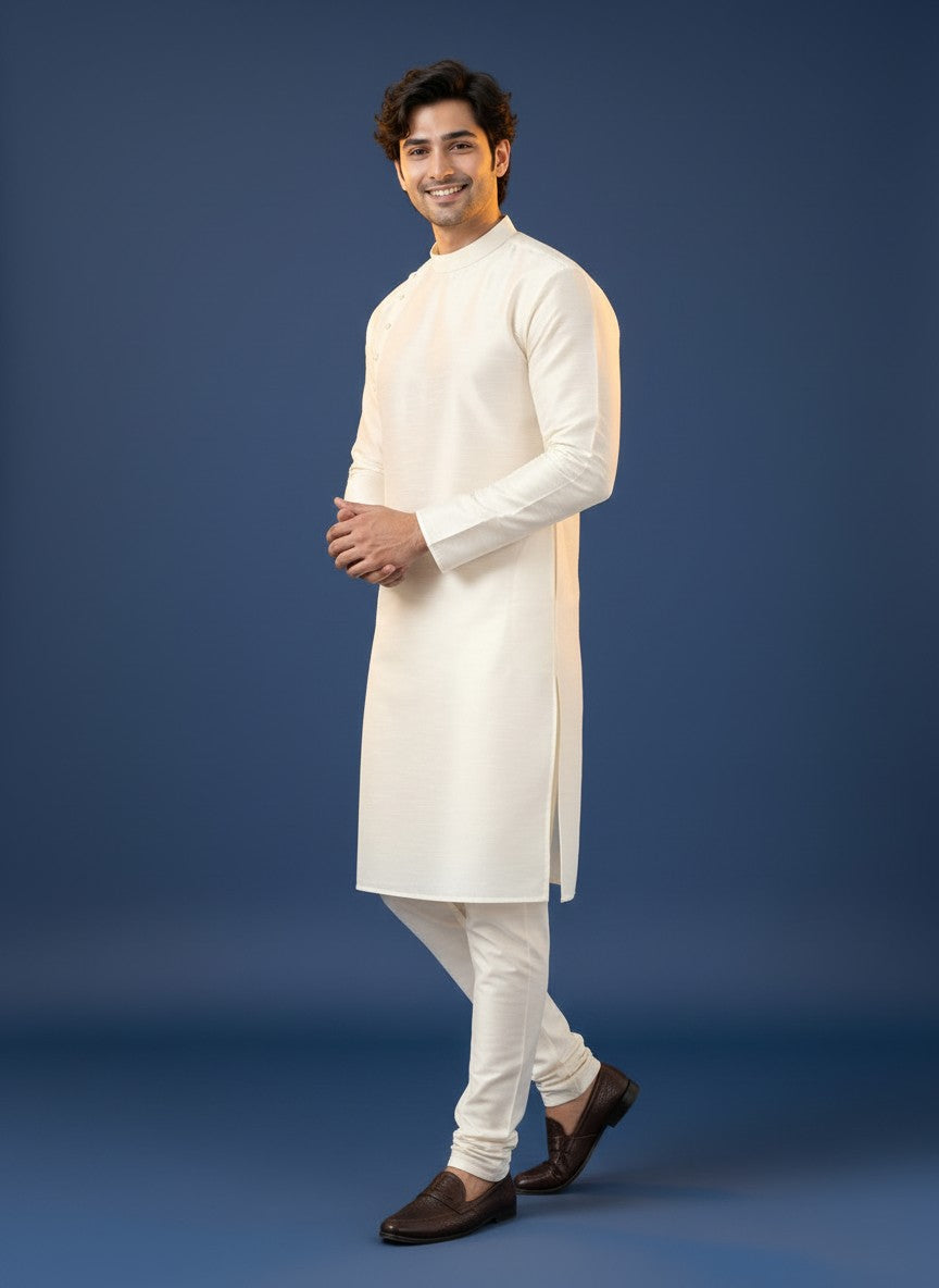 Men's Off-White Art Silk Kurta Pyjama Set – Side Placket