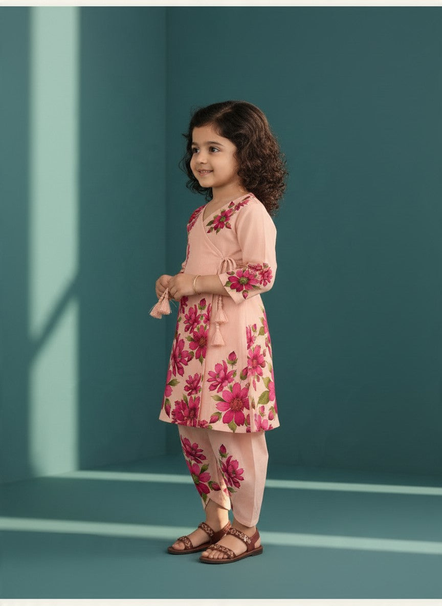 Girls' Peach Cotton Kurti with Tulip pant Set – Printed