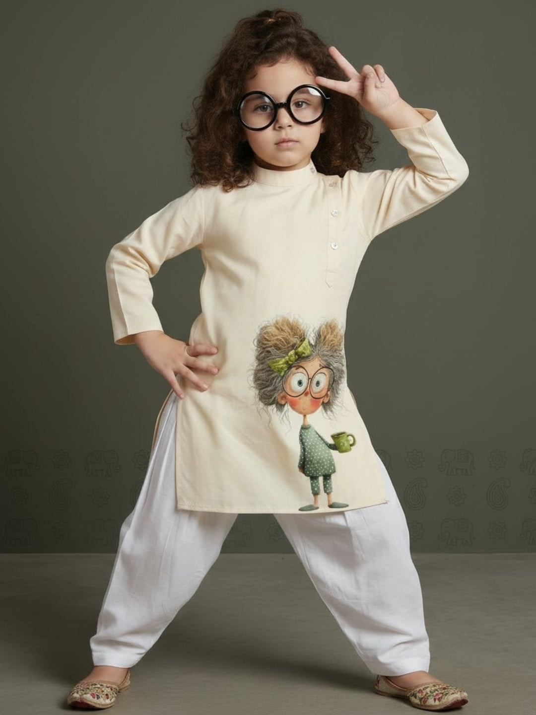 [DGKS-MGSP-B] Girls Beige Ethnic motifs Printed Cotton Kurti Set