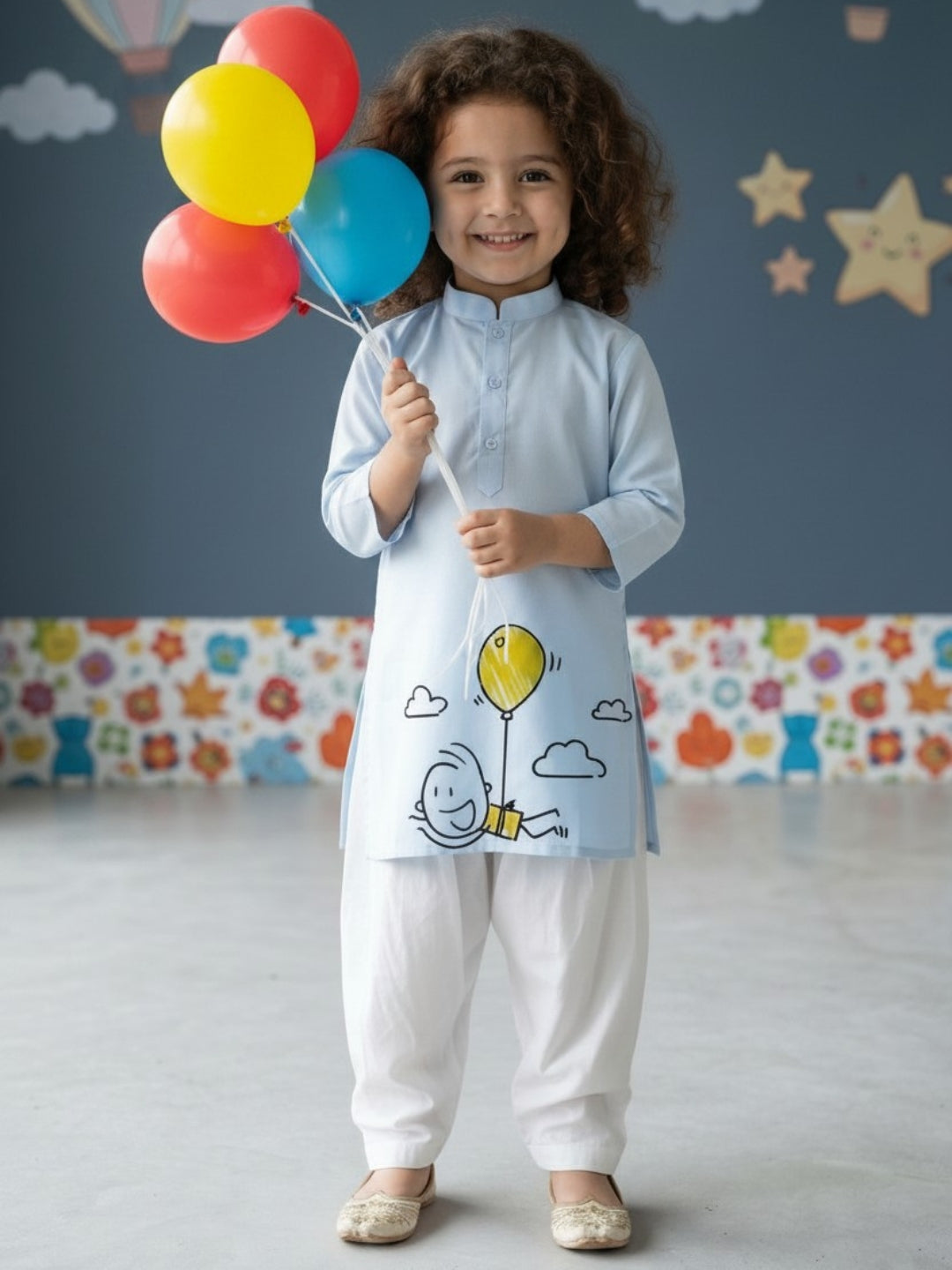 [DGKS-MGSP] Girls Sky Blue Ethnic Motifs Printed Cotton Kurti Set