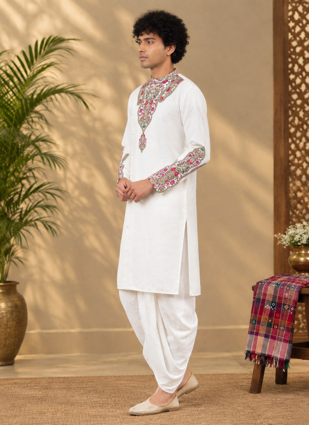 Men's White Cotton Kurta with Dhoti Set – Ethnic Print & Side Placket