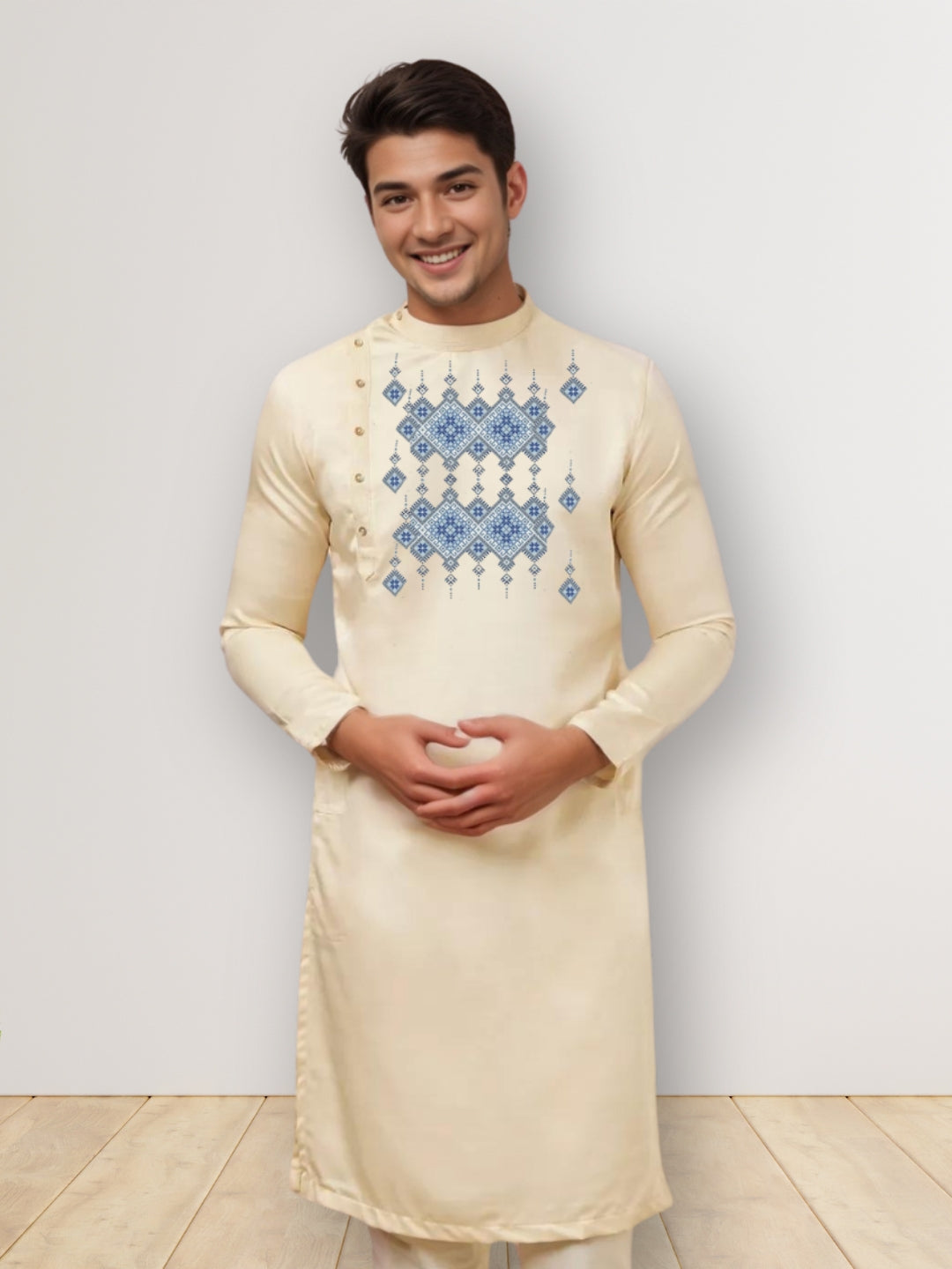 Mens Beige Side Placket Printed Kurta With Pyjama Set