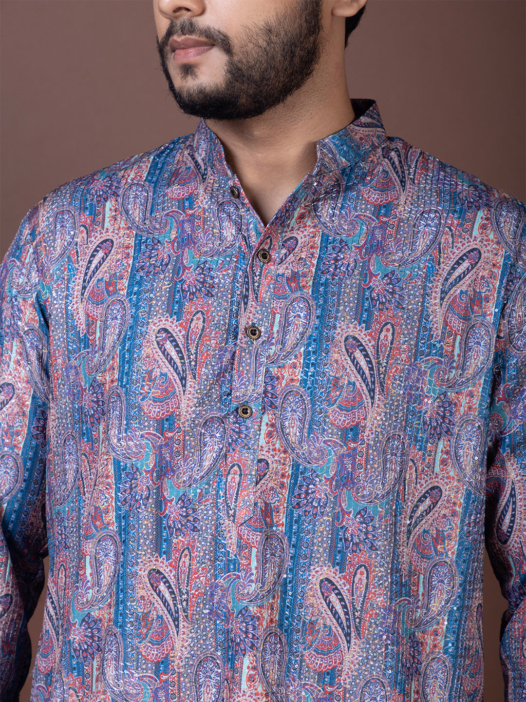 Ethnic Motifs Embroidered Mandarin Collar Sequins Straight Kurta Pyjama Set