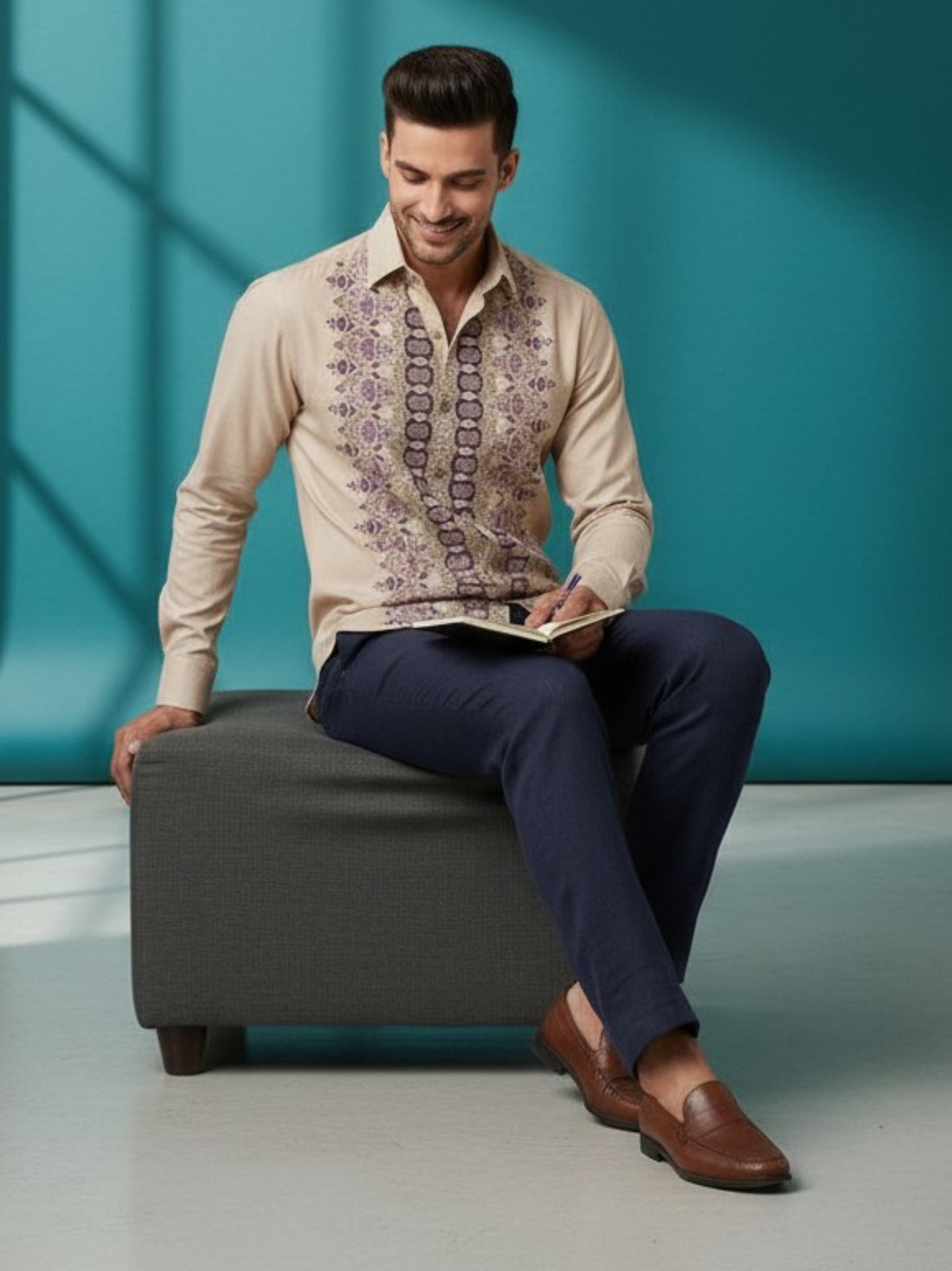 [DS-MGSP] Men's Beige Ethnic Printed Cotton Shirt