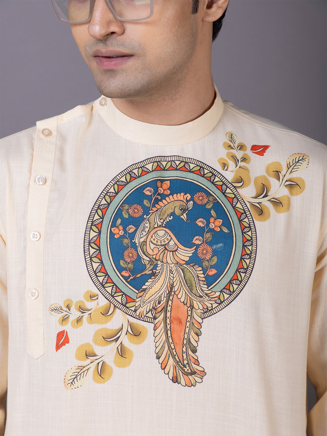 Men's Beige Cotton  Kurta With Print Pyjama  Set