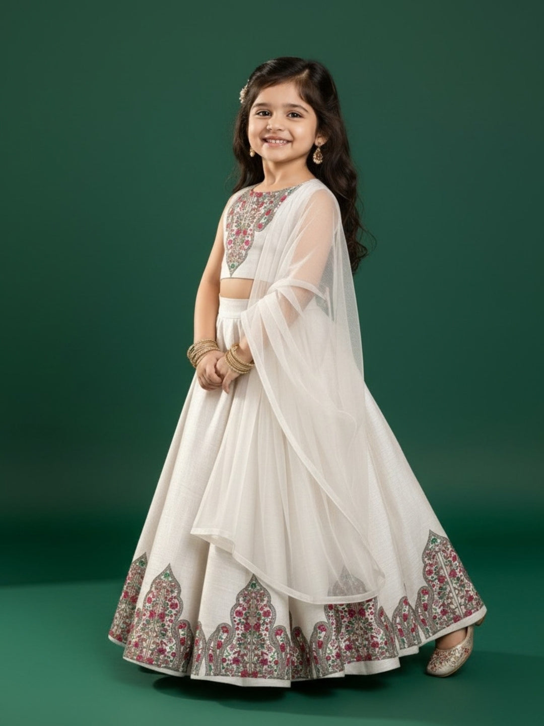 Girls' Off-White Art Silk Lehenga Set – Printed