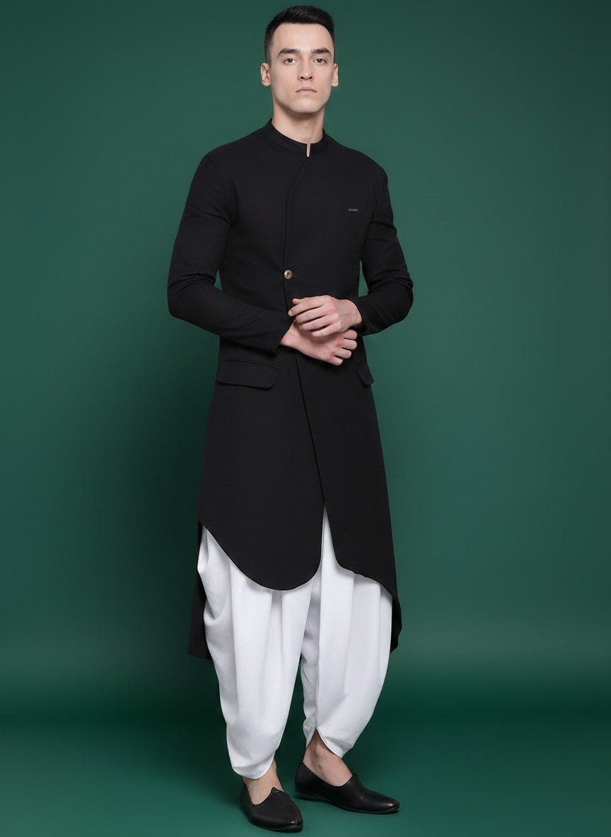 Men's Black Cotton Linen Kurta Set – Solid & Side Placket