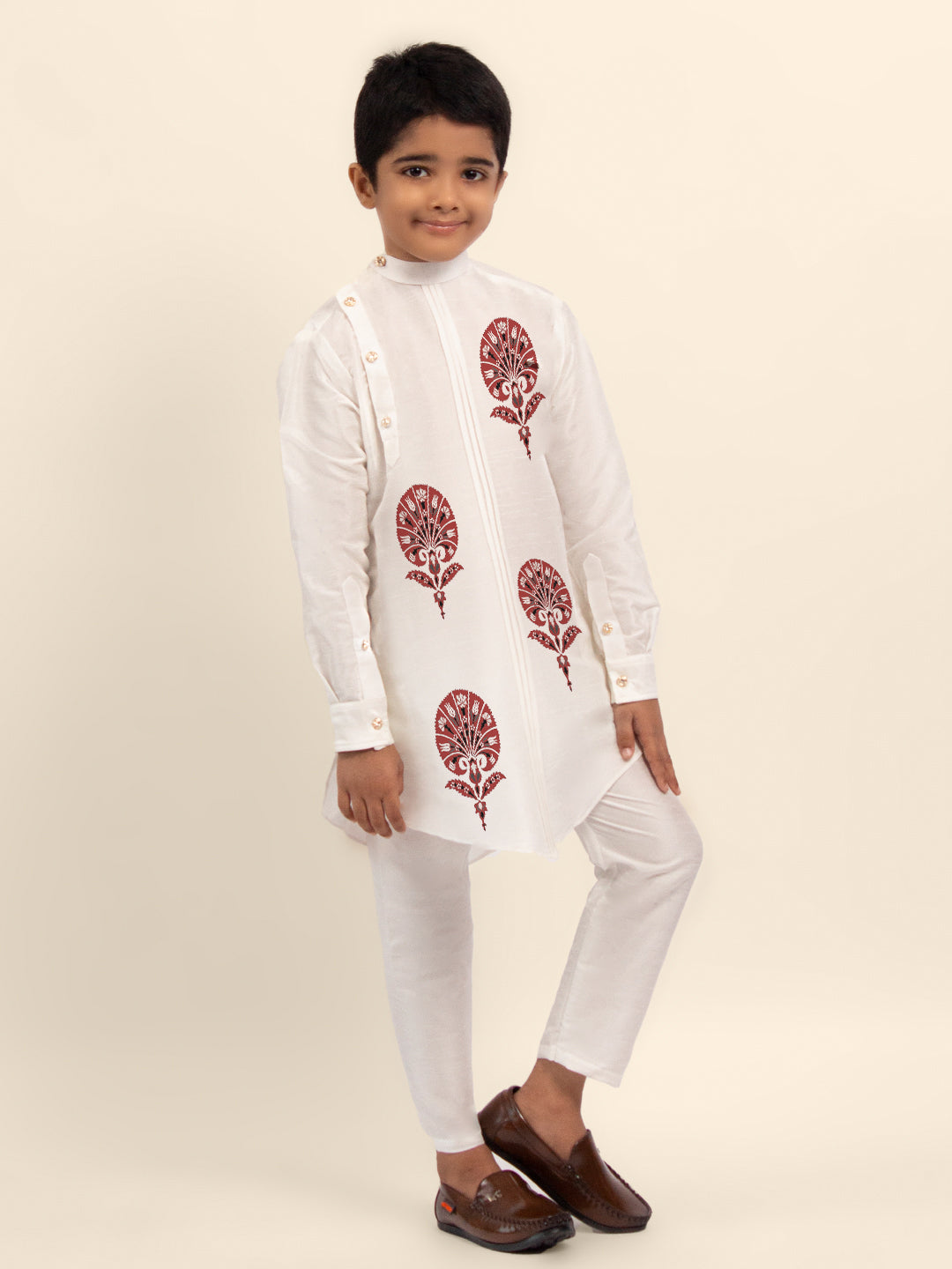 Boys White Printed Kurta With Pyjama Set