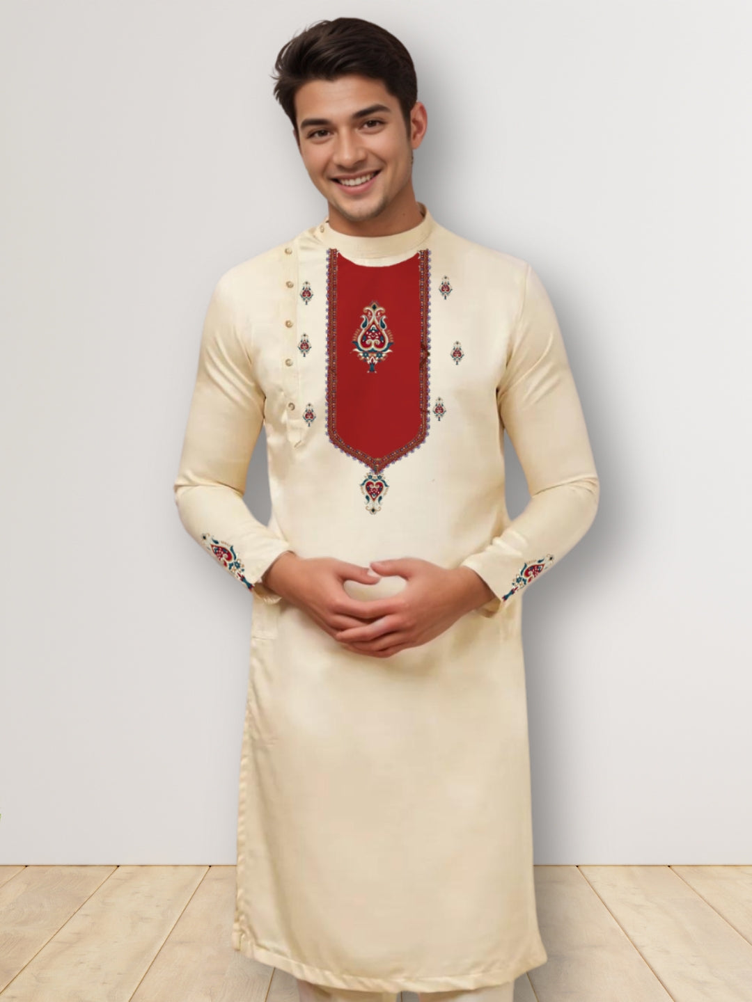 [MGSP-B] Men's Beige Ethnic Print Side Placket Cotton Kurta Set