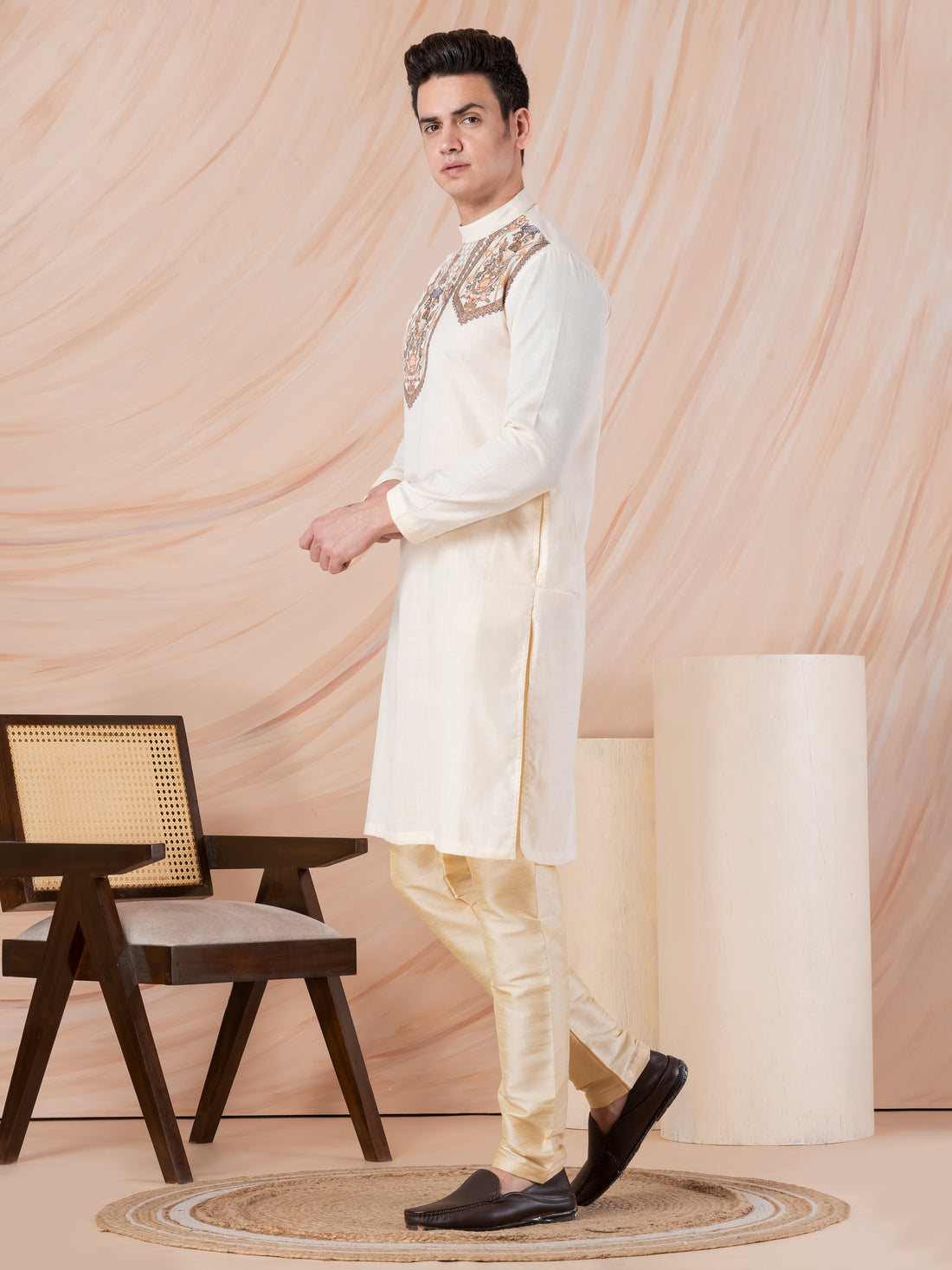 Mens Beige Side Placket Printed Kurta With Pyjama Set