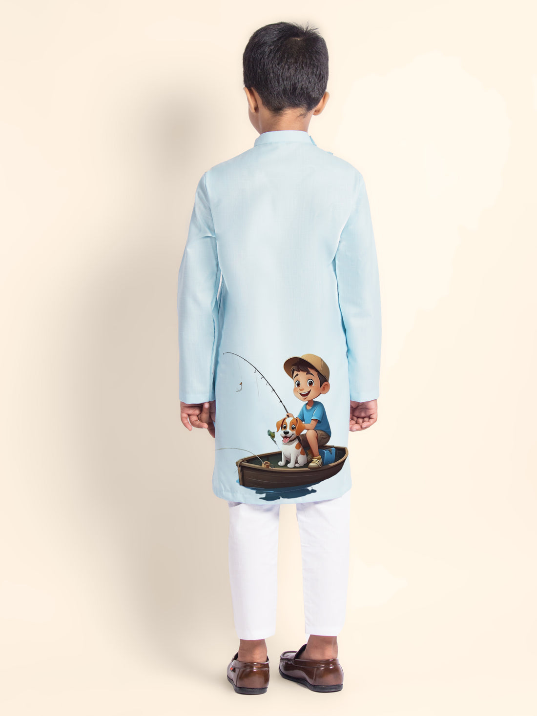 Boys Sky Blue Printed Kurta With Pyjama Set