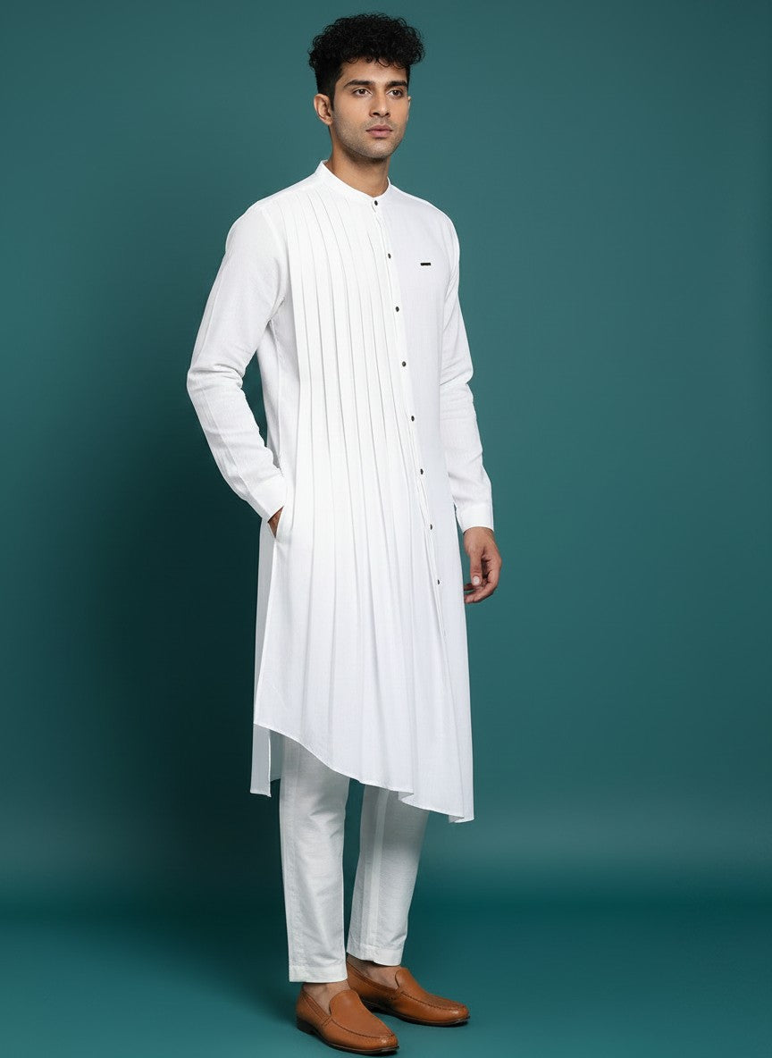 Men's White Cotton Linen Kurta Set – Solid & Side Placket