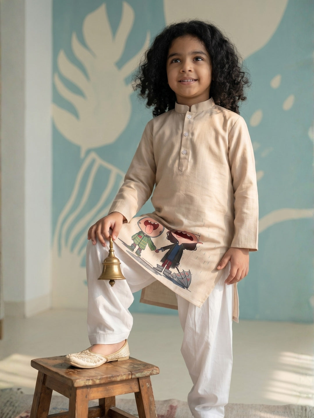 [DGKS-MGSP] Girls Beige Ethnic motifs Printed Cotton Kurti Set