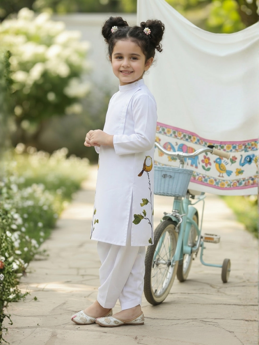 [DGKS-MGSP-B] Girls White Ethnic motifs Printed Cotton Kurti Set