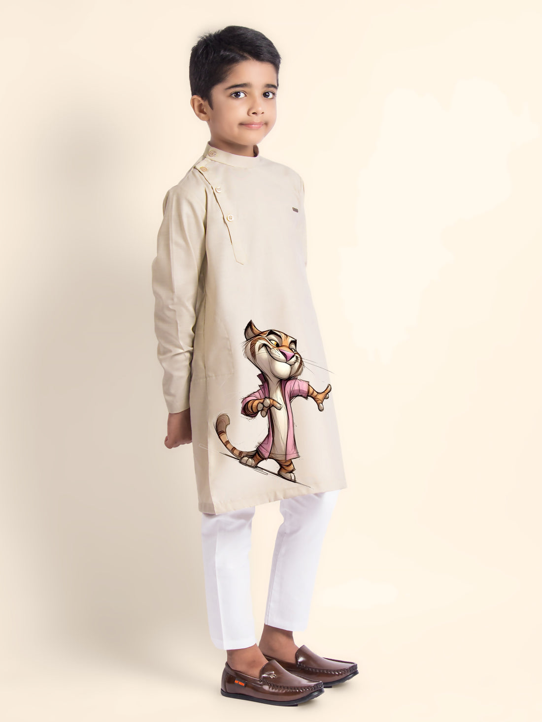 Boys Beige Printed Kurta With Pyjama