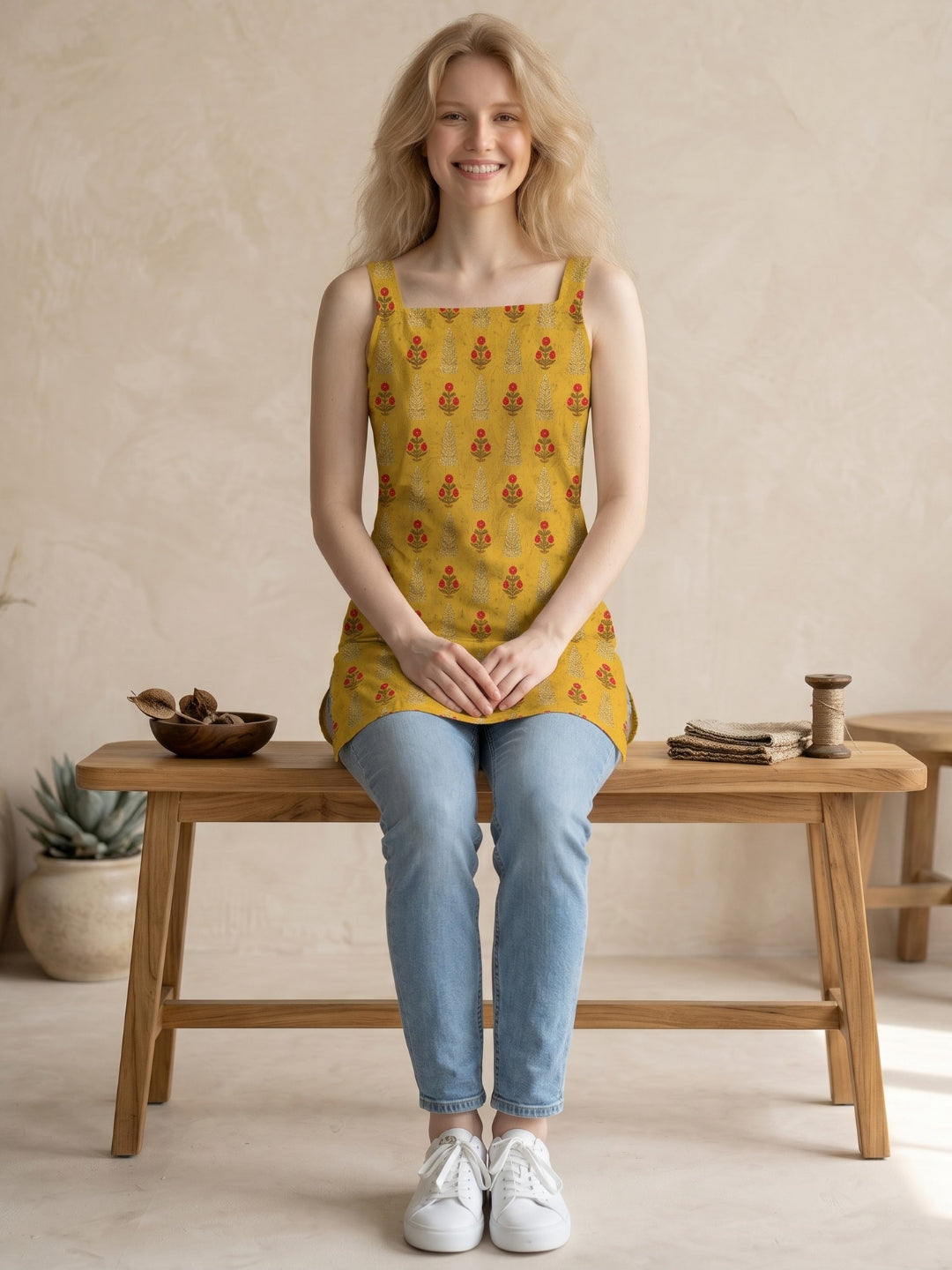 [DFMSL-MGSP] Women Yellow Printed Cotton Sleeveless Top