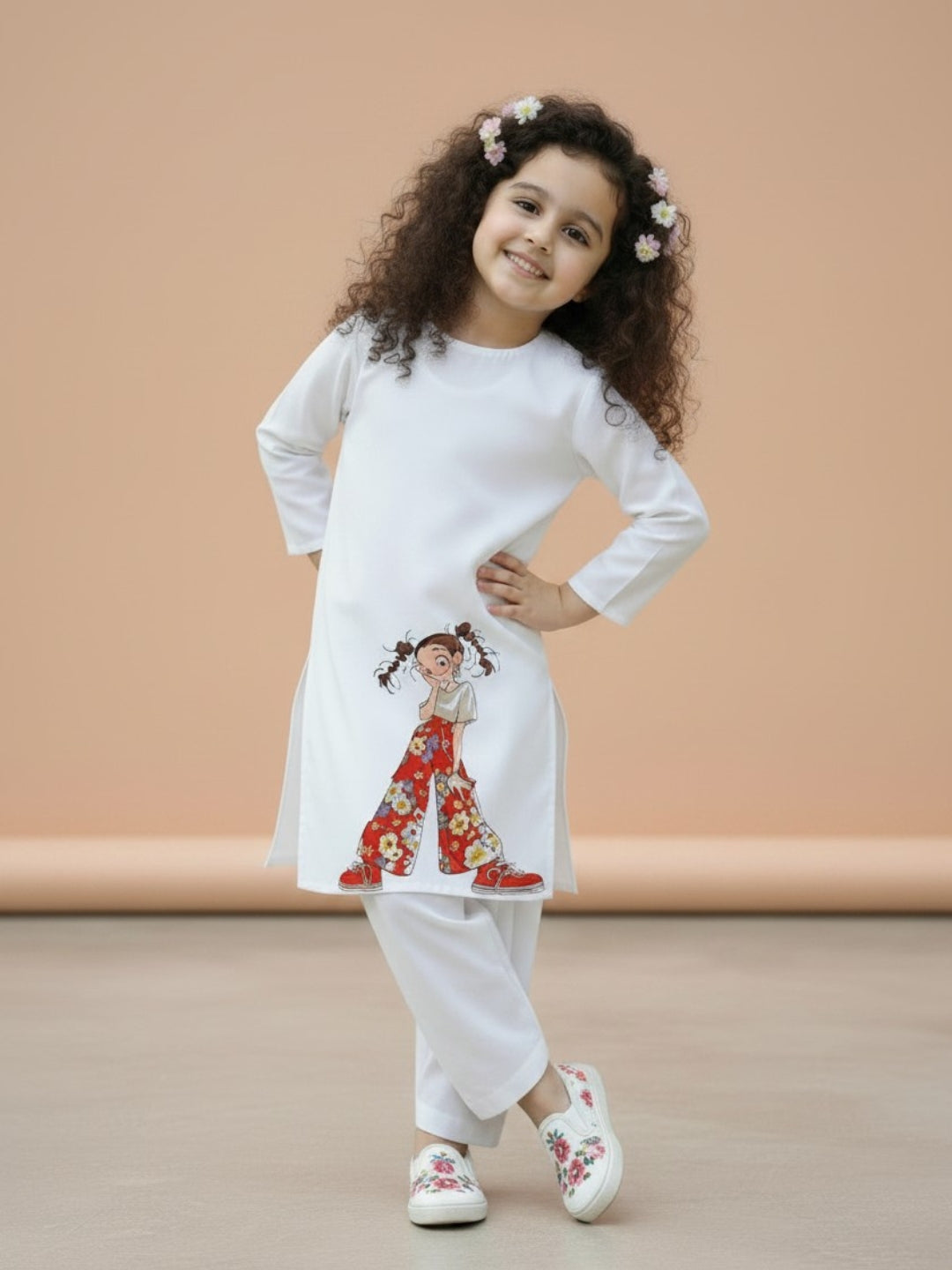 [DGKS-MGSP-RN] Girls White Ethnic Motifs Printed Cotton Kurti Set