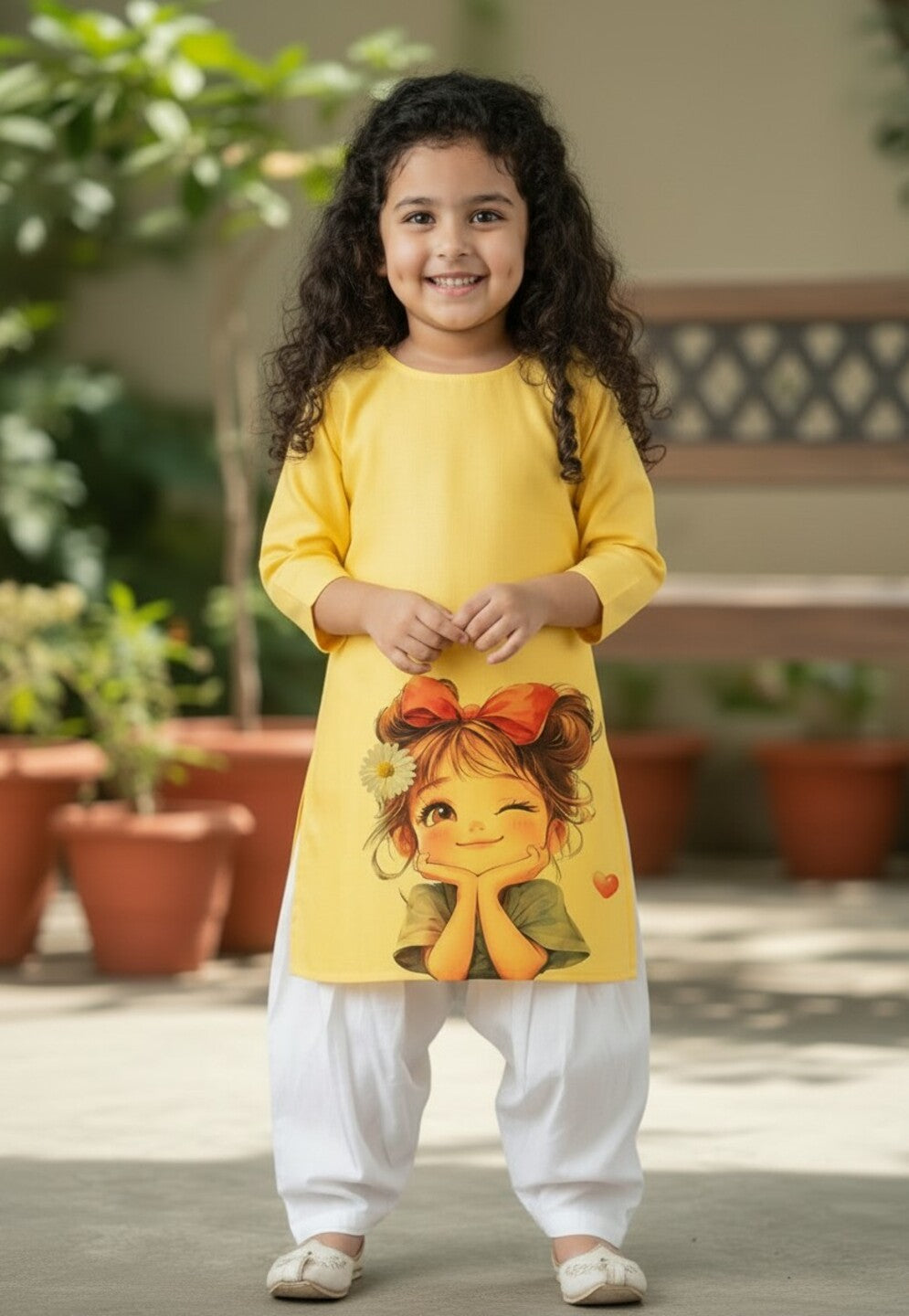 [DGKS-MGSP-RN] Girls Yellow Ethnic Motifs Printed Cotton Kurti Set