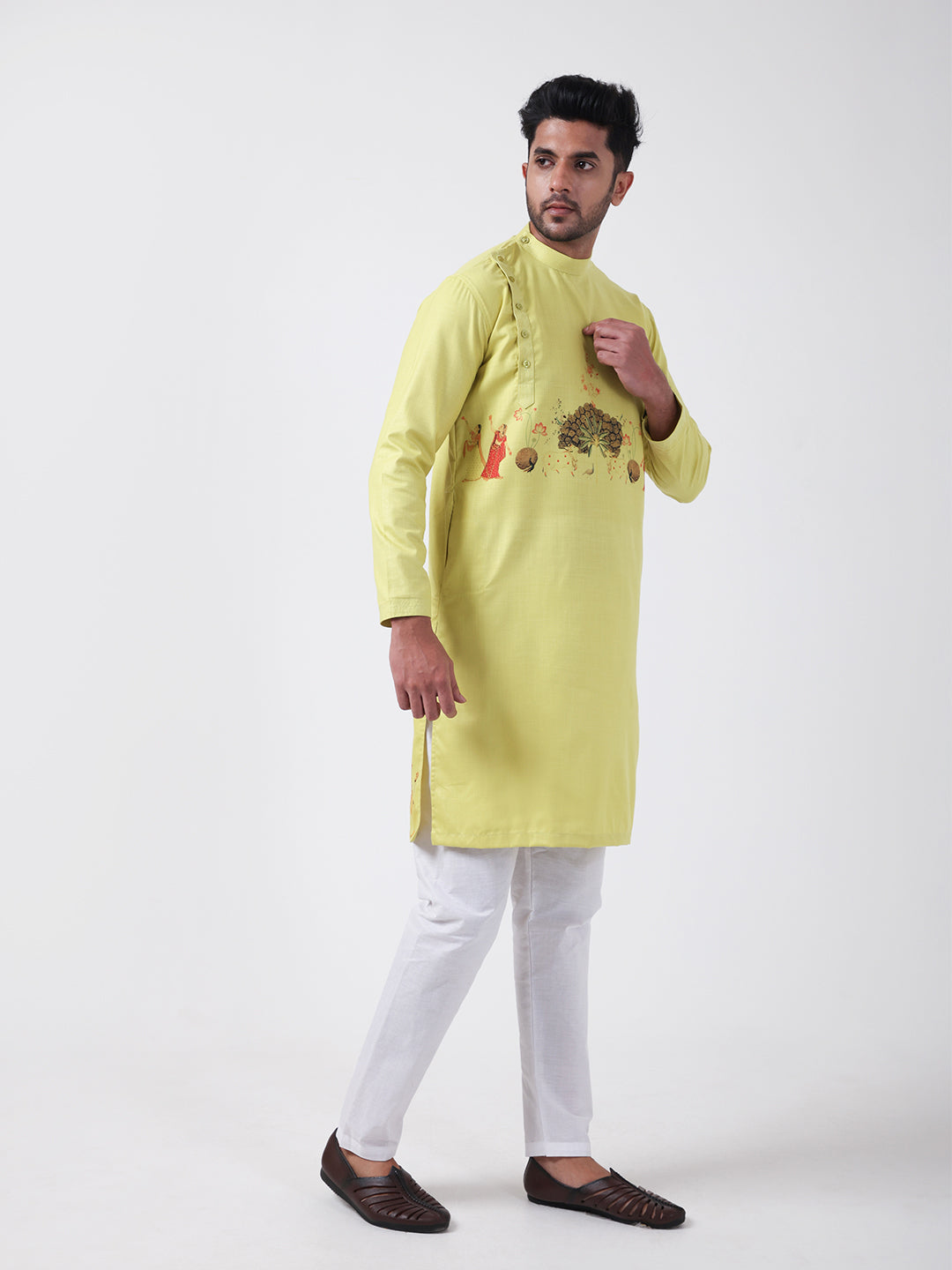 [MGSP-B] Men's Lime Green Ethnic Print Side Placket Cotton Kurta Set