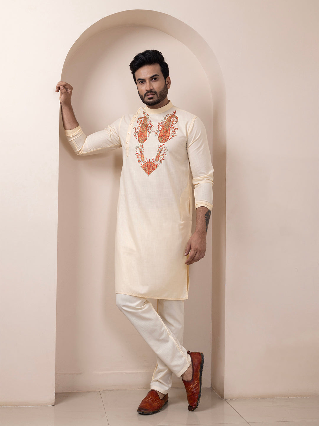 [MGSP-B] Men's Beige Ethnic Print Side Placket Cotton Kurta Set