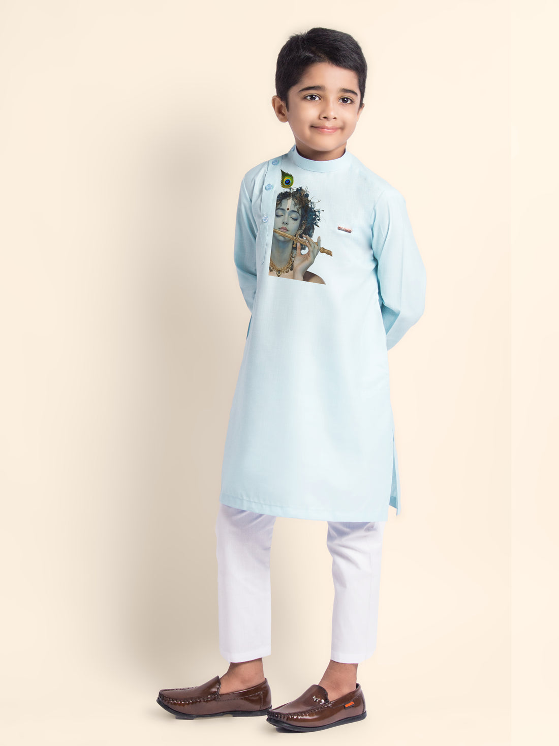 Boys Sky Blue Cotton Kurta Pyjama with Lord Krishna Print