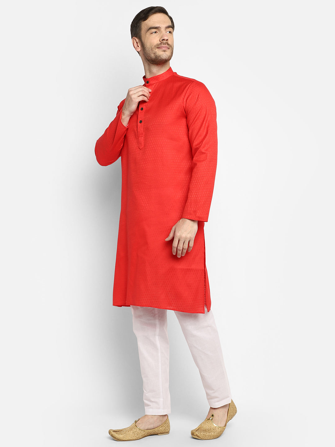 [SH] Men's Red Self Design Cotton Kurta Set