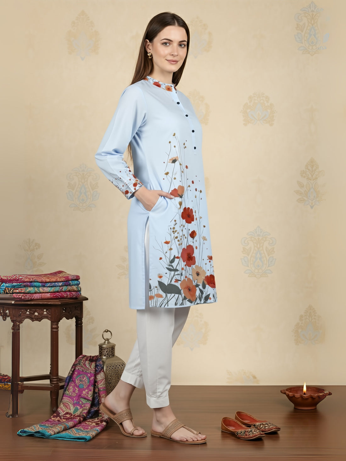 [DWKS-MGSP] Women Sky Blue Ethnic Motifs Printed Cotton Kurti Set