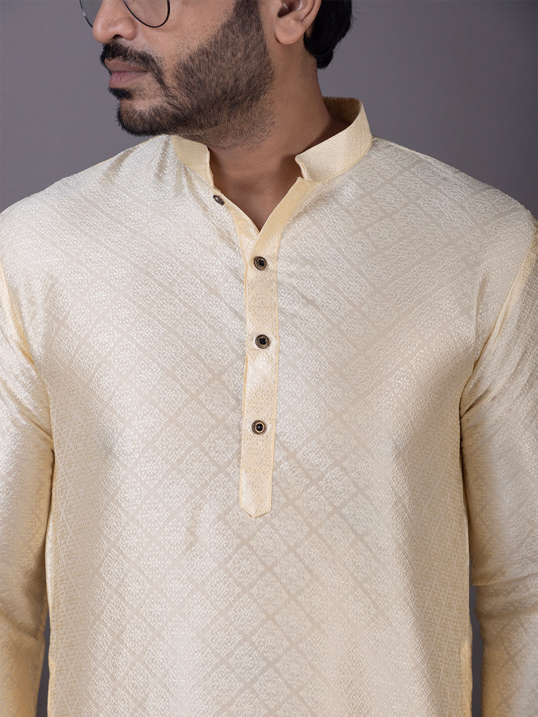 Geometric Printed Jacquard Mandarin Collar Straight Kurta with Pyjama