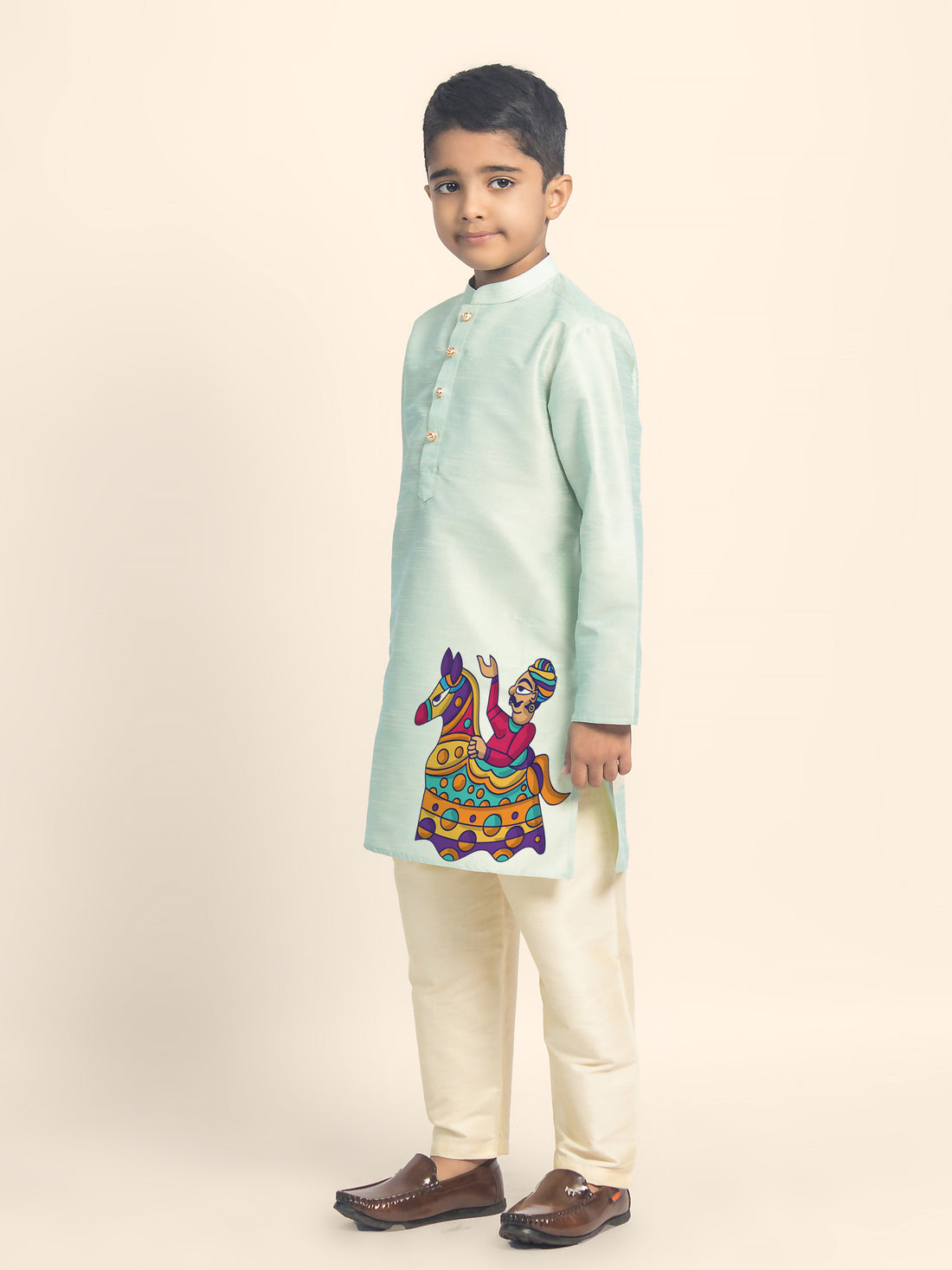 Boys Green Printed Kurta with Beige Pyjama Set