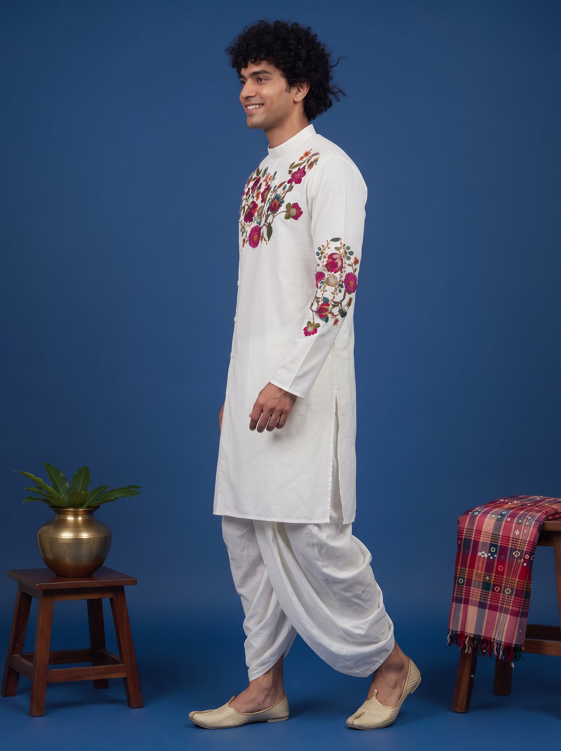 Men's White Cotton Kurta with Dhoti Set – Ethnic Print & Side Placket