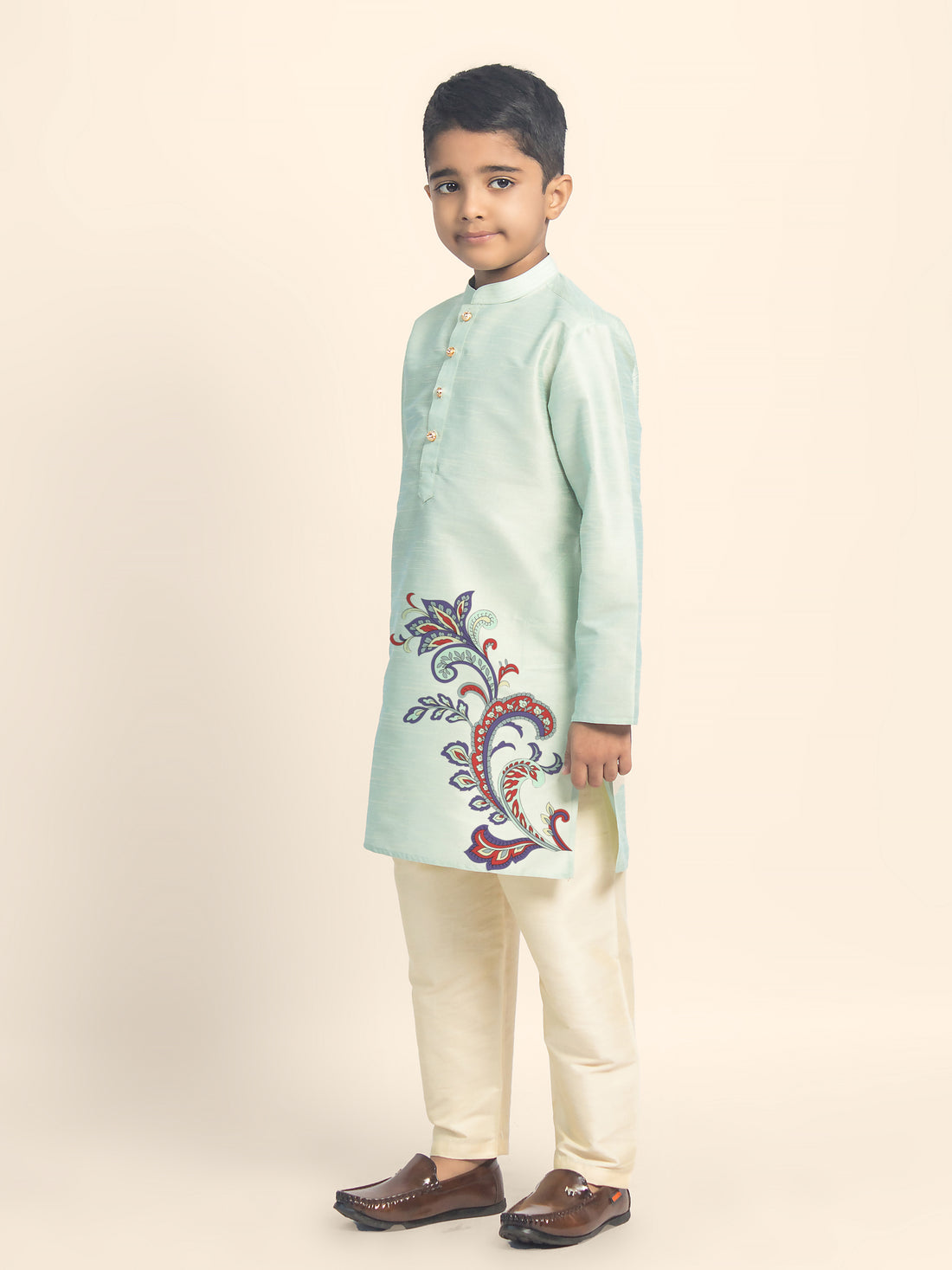 Boys Green Printed Kurta with Beige Pyjama Set