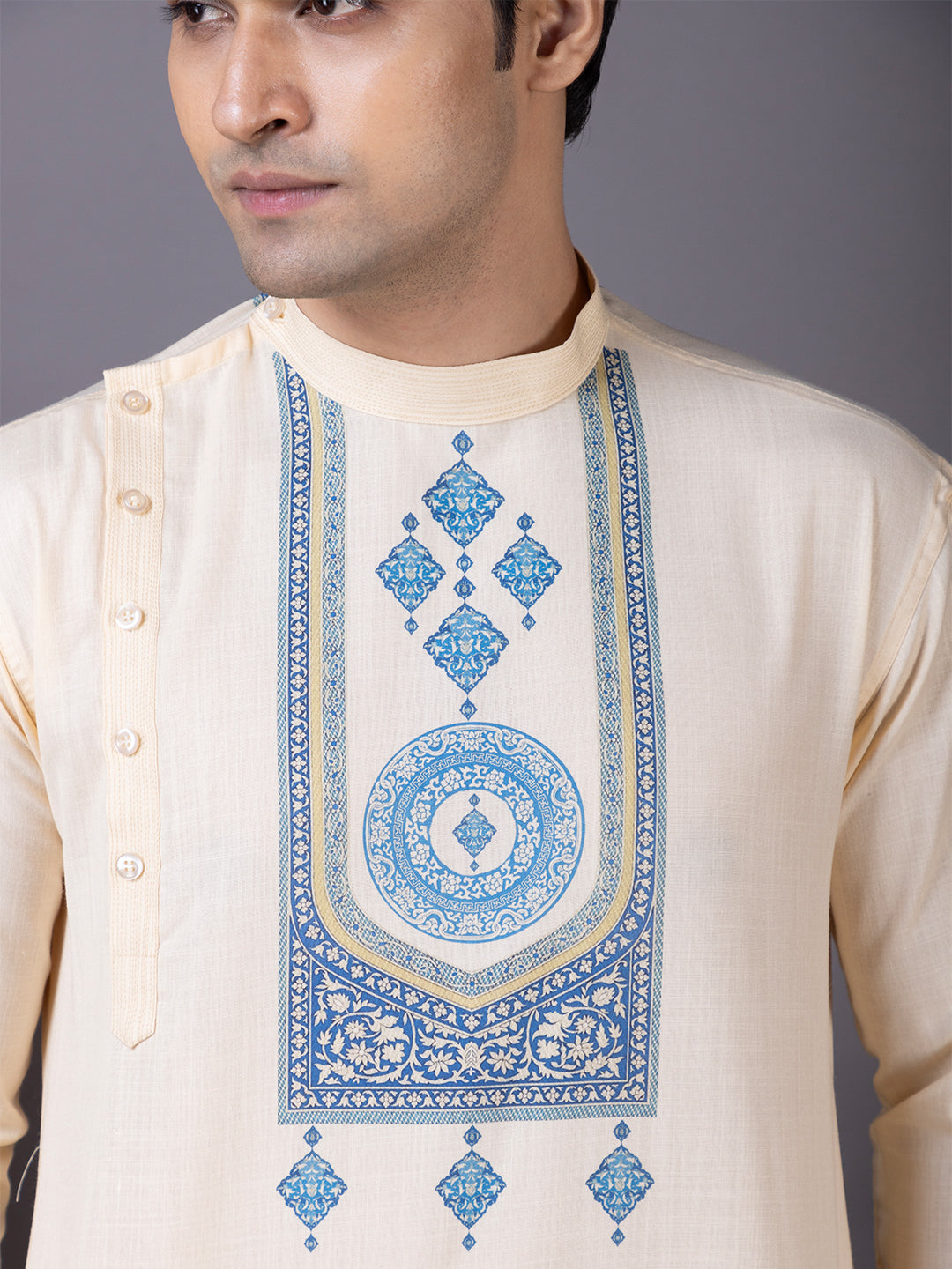 Mens Beige Side Placket Printed Kurta Whit Pyjama Set