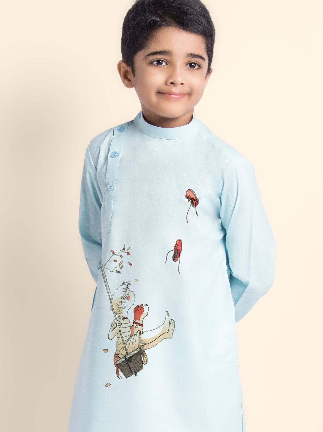 Boys Sky Blue Printed Kurta With Pyjama Set