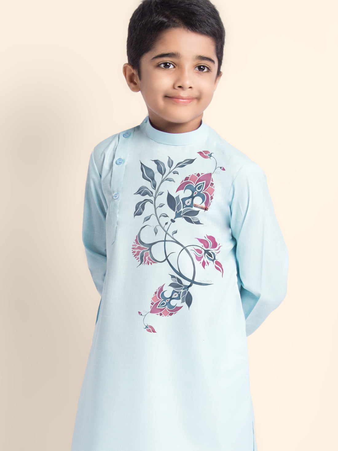 Boys Sky Blue Printed Kurta With Pyjama Set