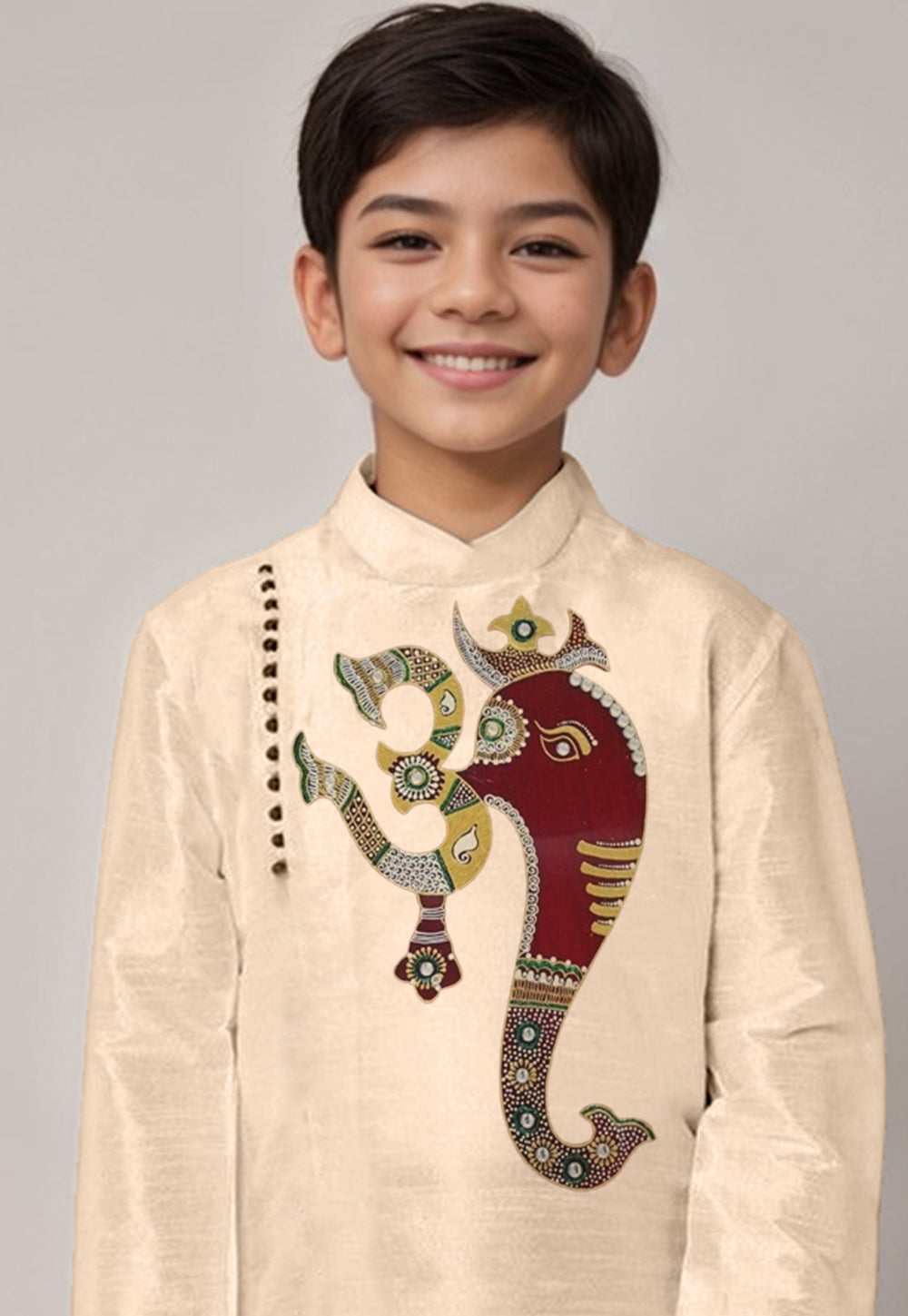 Boys Beige Printed Kurta With Dhoti