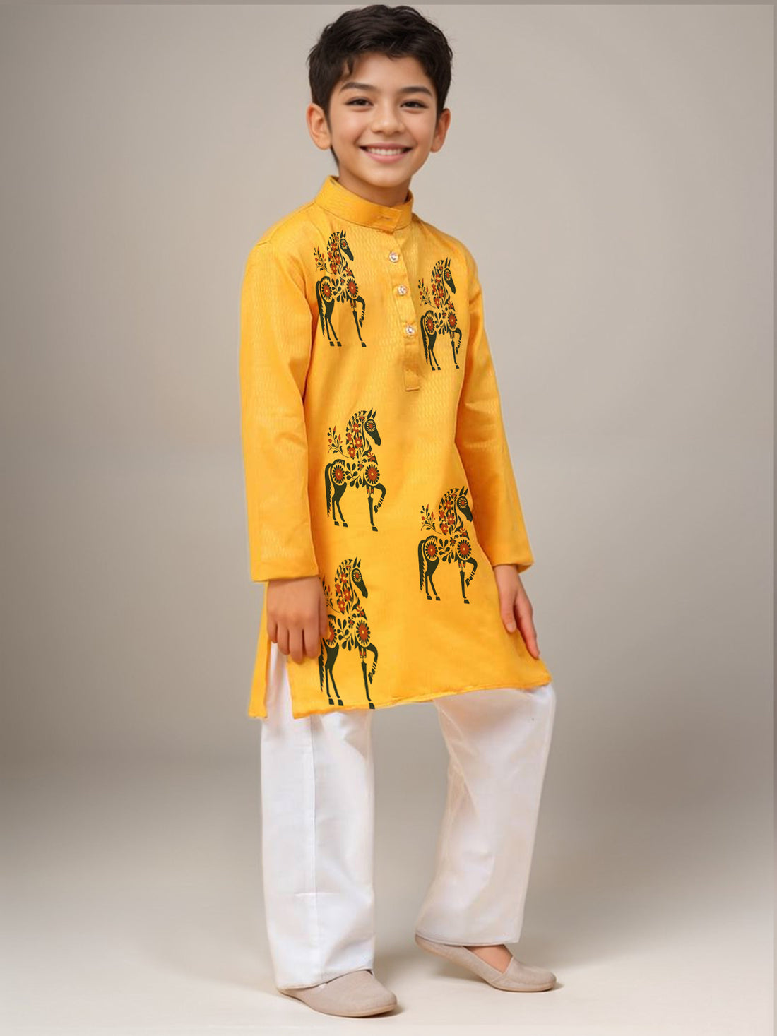Boys Yellow Printed Kurta with Pyjama Set